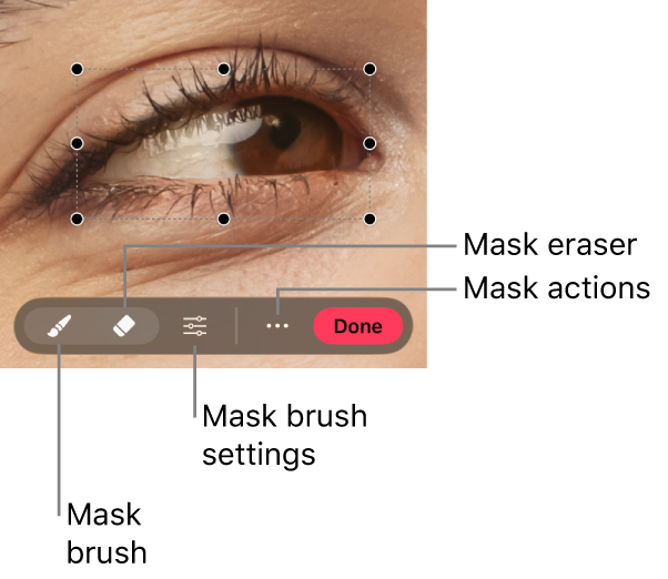 A bitmap mask selected in the canvas, with adjustment handles visible. Below the mask in the canvas is the mask toolbar with controls to modify the mask.