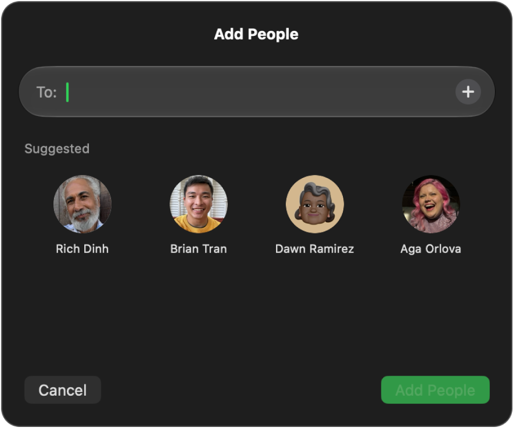 The Add People window, showing a field to contact information. At the bottom of the window, four suggested contacts appear.