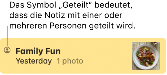 Eine Notiz, die mit anderen Personen in einer Konversation in der App „Nachrichten“ geteilt wurde, mit dem Freigabe-Symbol links neben dem Namen der Notiz.