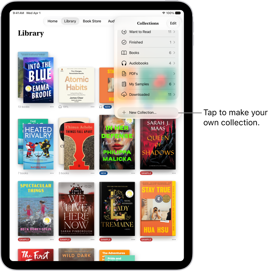 The Library screen in the Books app. At the top of the screen the Collections menu is open and shows options such as Audiobooks and PDFs.