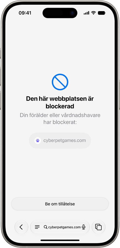 Skärmen Be om att få surfa med en blockerad webbplats i Safari och ett alternativ för att be om tillåtelse att visa den.
