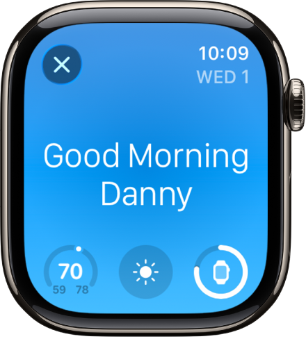 Apple&nbsp;Watch che mostra la schermata di risveglio. Viene mostrato il messaggio Buongiorno in alto. Sotto, sono visibili la temperatura, le condizioni meteo e il livello della batteria.