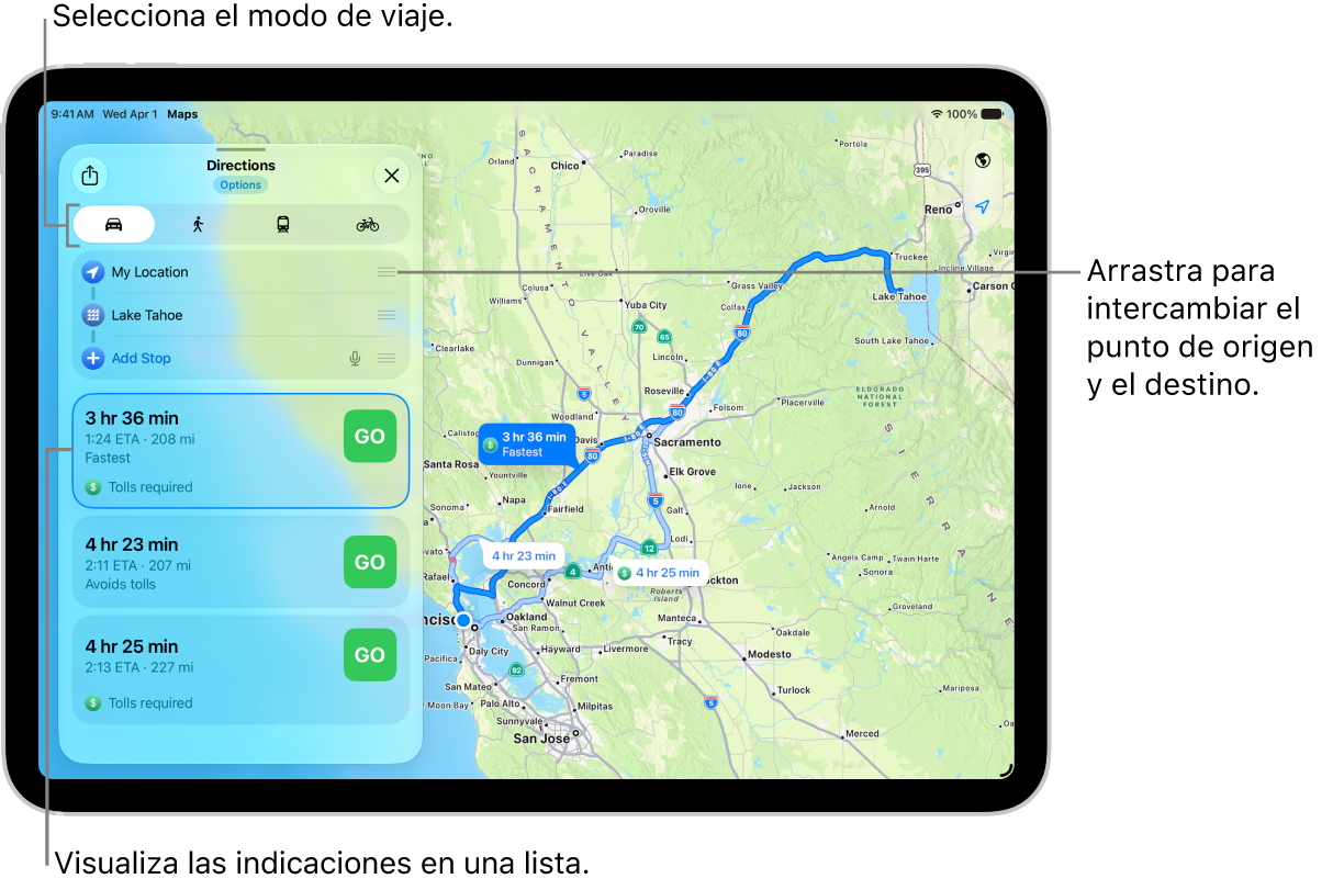 Un mapa con varias rutas posibles en auto entre la ubicación actual y el destino.