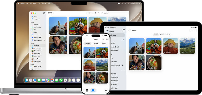 An iPhone, MacBook, and iPad all showing memories from the same photo library.