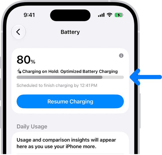 The charging information card in iPhone Battery settings. The card shows the battery at 80% with the message “Charging on Hold: Optimized Battery Charging.” It is scheduled to finish by 12:41 PM, with an option to “Resume Charging.”