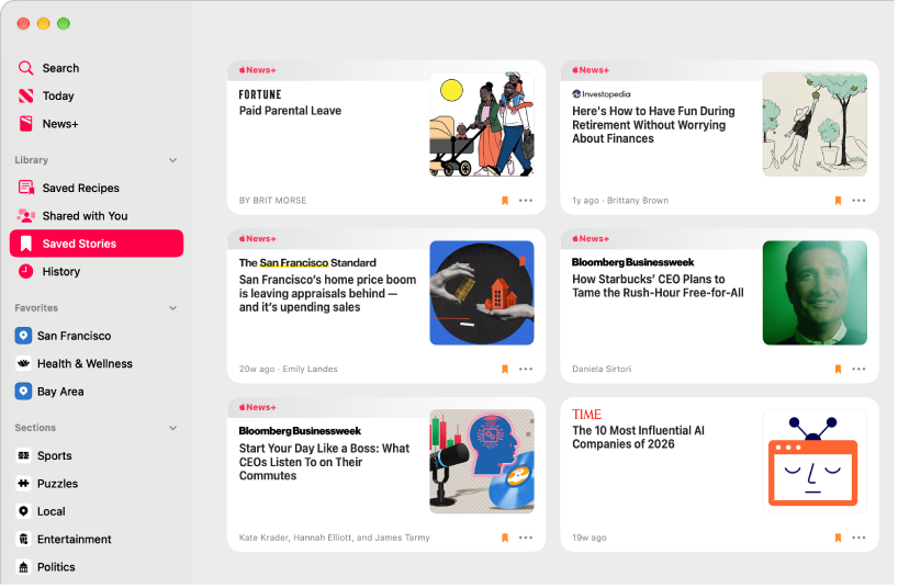 The Apple News window showing Saved Stories selected in the sidebar and a grid of saved stories on the right.