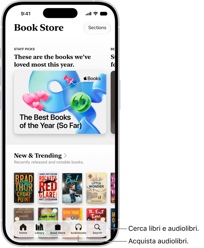 La schermata Book Store nell’app Libri. Nella parte inferiore dello schermo, da sinistra a destra, sono presenti le sezioni Home, Libreria, Book Store, Audiolibri e Cerca. Il pannello Book Store è selezionato.
