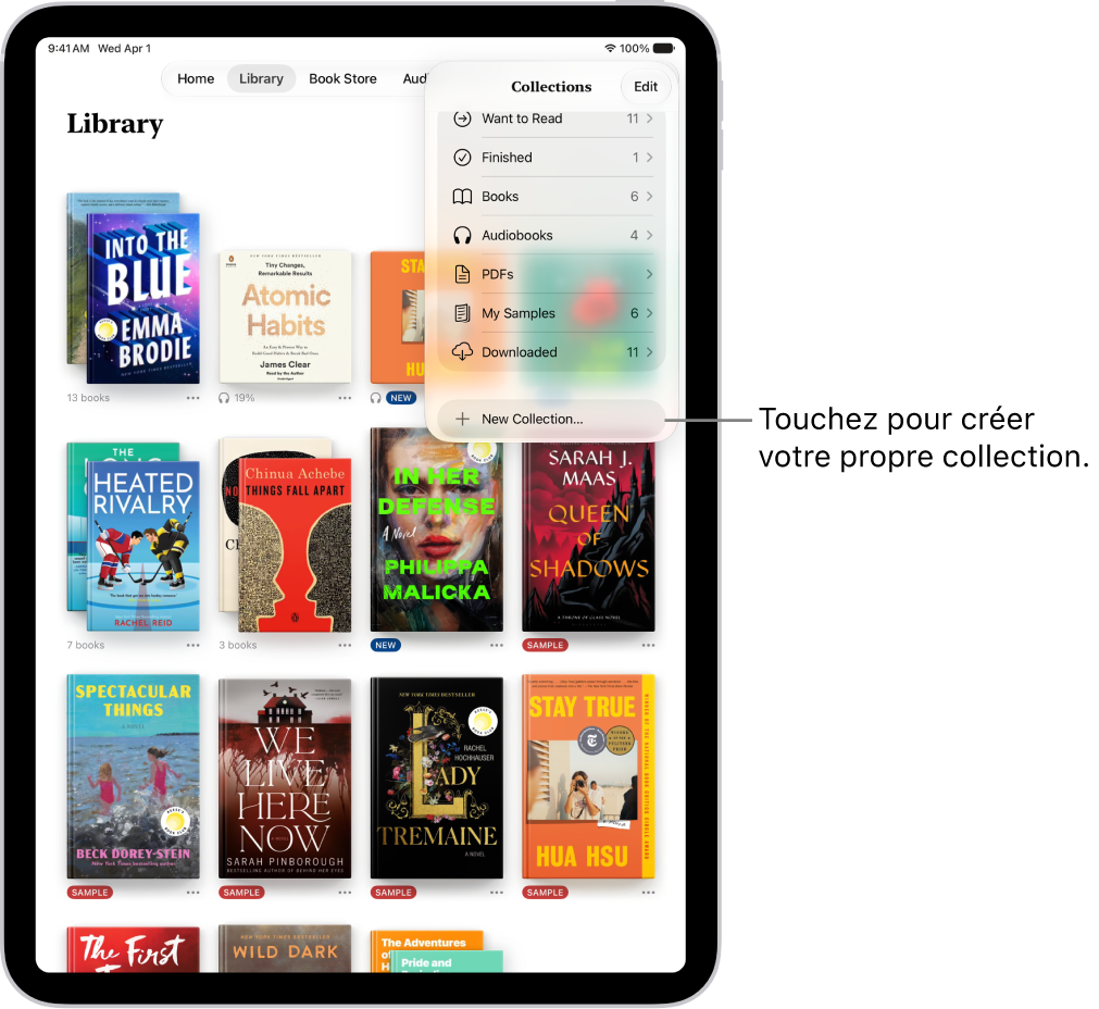 L’écran Bibliothèque dans l’app Livres. En haut de l’écran le menu Collections est ouvert et présente des options comme Livres audio et PDF.