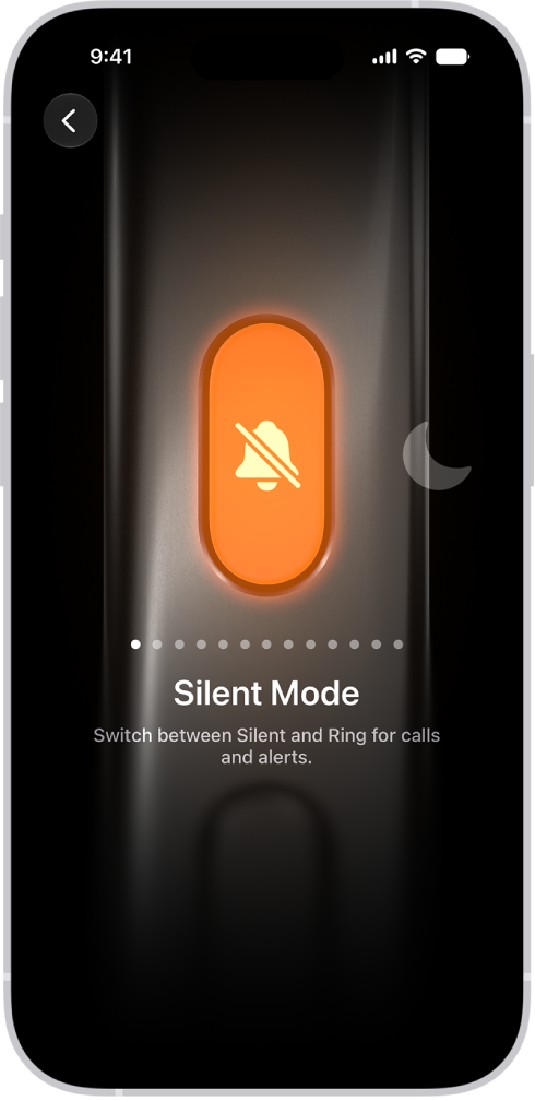 The screen for customizing the Action button. The Camera is the selected action. Other features appear to the right and left of the camera, including Do Not Disturb and Flashlight. Below the actions are dots you can tap to switch to another action. Below the selected action, Camera, is a menu of Camera options you can tap to assign to the Action button.