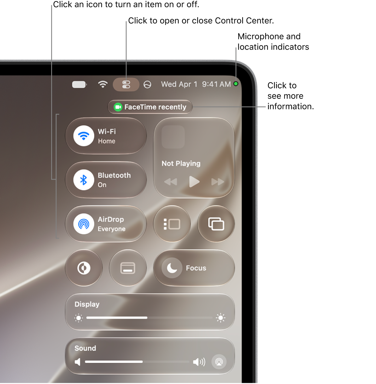 Control Center in the top-right portion of the screen, showing controls for Wi-Fi, Focus, Sound, and Now Playing, among others.