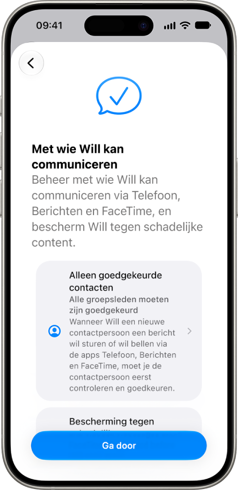 Het configuratiescherm voor ouderlijk toezicht met daarin opties om in te stellen met wie een kind mag communiceren.