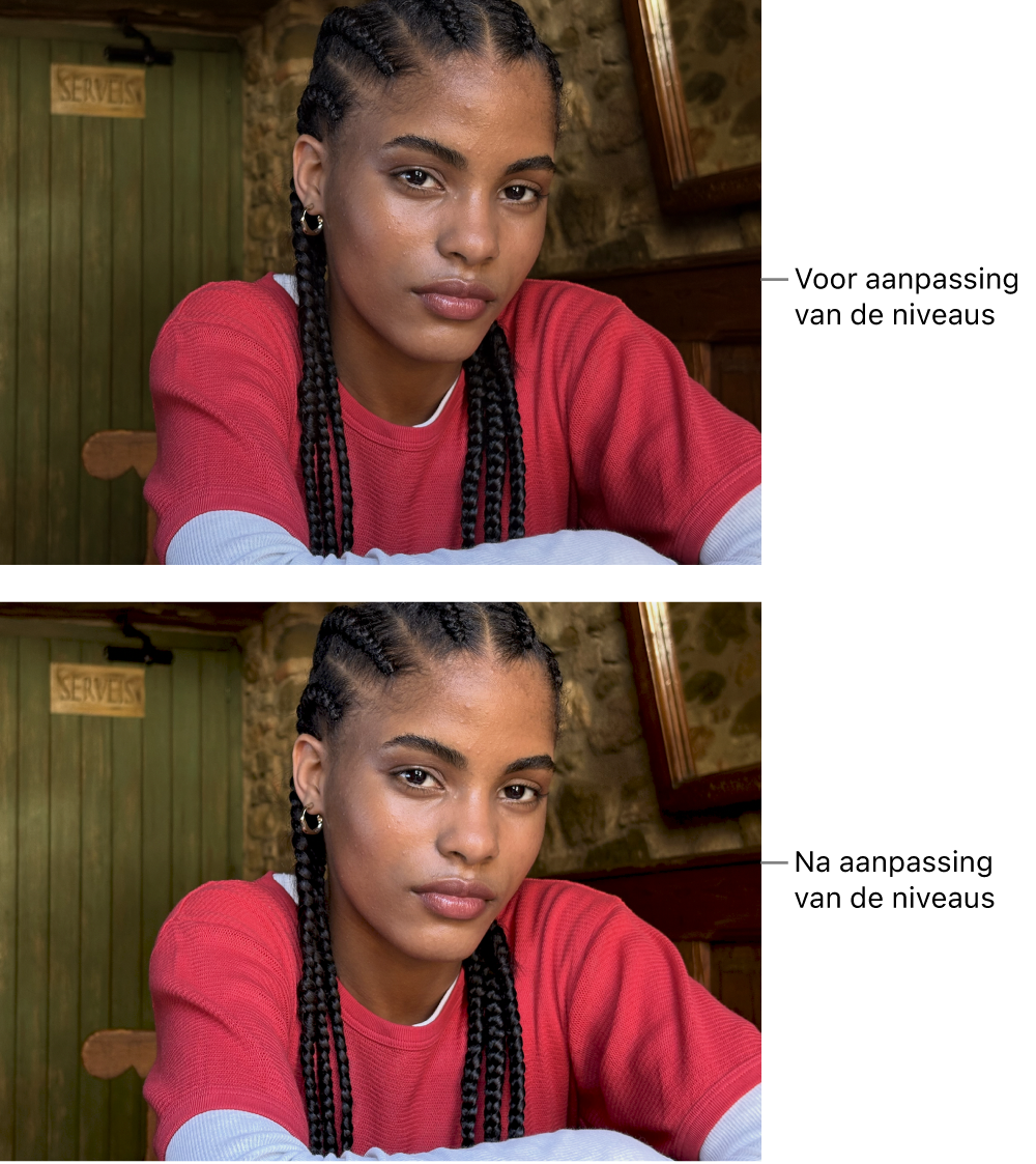 Een foto vóór en na niveau-aanpassingen.