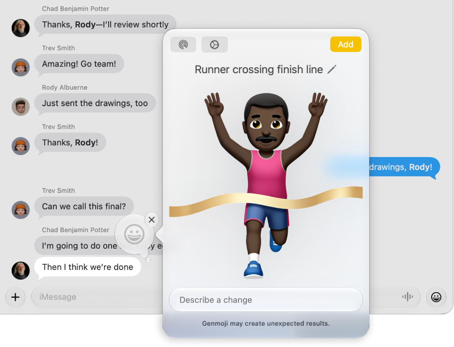Création d’un Genmoji comme Tapback dans l’app Messages. Le Genmoji créé représente un coureur franchissant une ligne d’arrivée.
