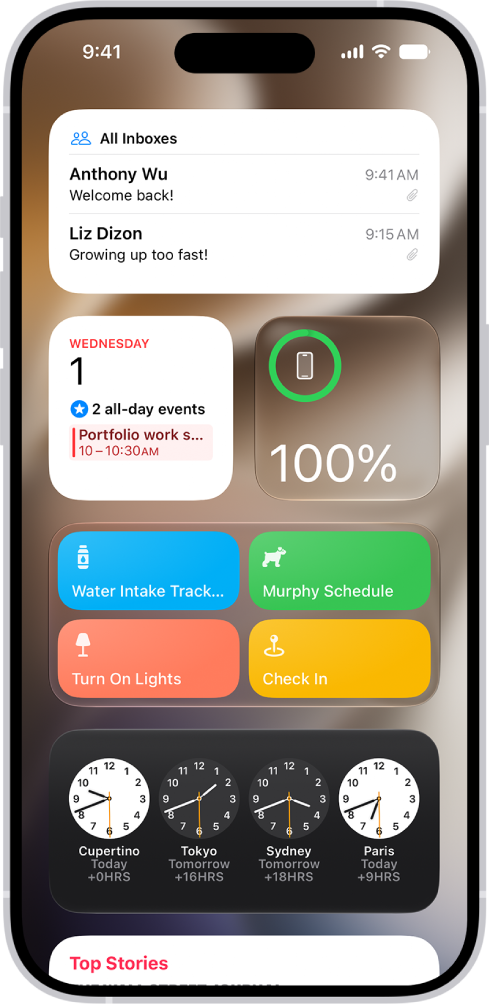 在「今天概覽」中顯示的小工具，包含「提醒事項」、「照片」、「電池」、「行事曆」和「提示」小工具等。點一下其中一個來將它加入主畫面。