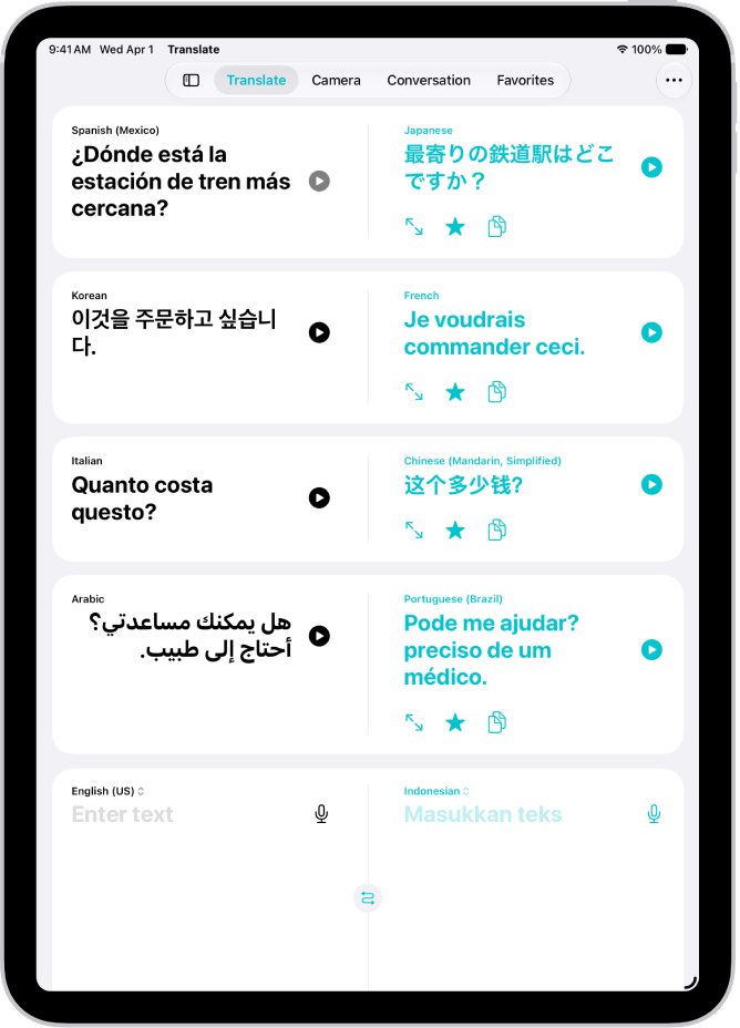 The Translate screen, showing phrases translated from English to Chinese, Japanese to Arabic, French to German, and English to Spanish. Along the top, from left to right, are the Show Sidebar, Translate, Camera, Conversation, Favorites, and More buttons.