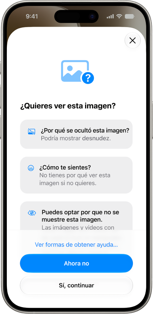 La pantalla Seguridad en la comunicación que muestra una advertencia de que una imagen podría ser sensible con opciones para obtener ayuda.