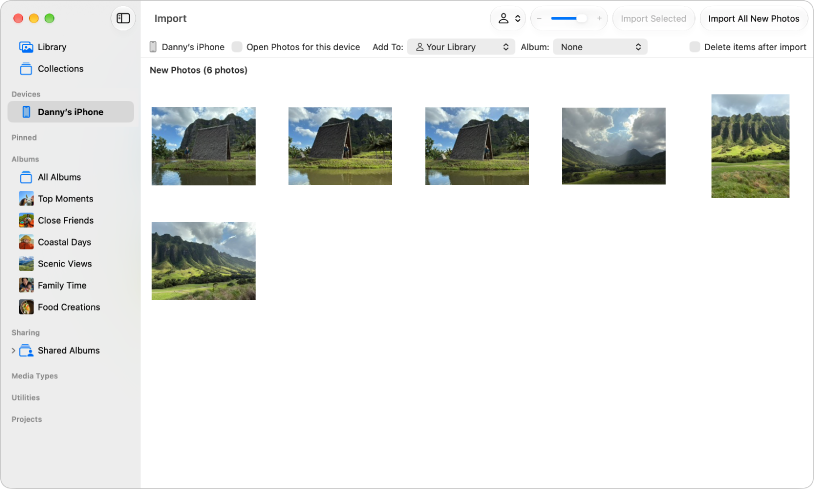 The Photos app with an iPhone selected in the sidebar and the Import window open.