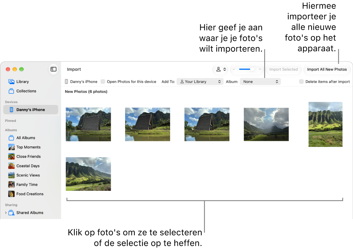 Het importeervenster in Foto's op de Mac, met nieuwe foto's op een apparaat. Midden bovenaan zie je het pop‑upmenu 'Album'. De importeerknoppen staan rechtsbovenin.