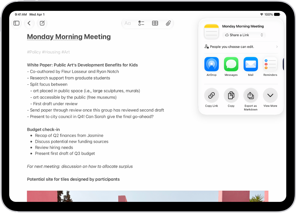 A note with an overlay showing sharing options.