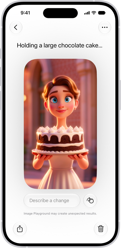 The Image Playground app window showing a created image of a woman holding a cake.