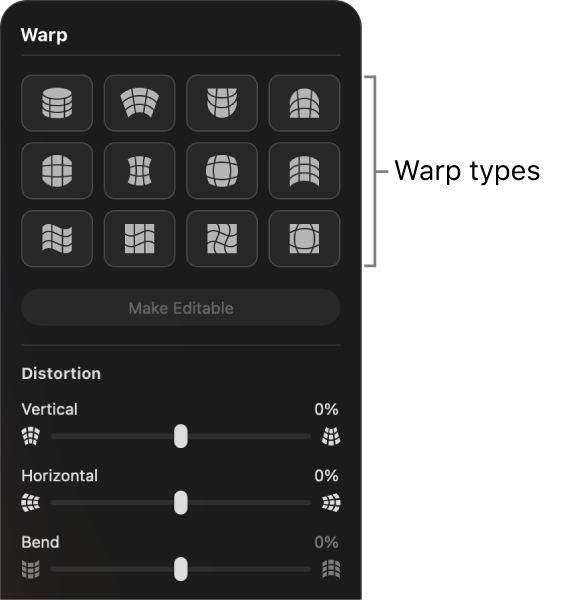 The Warp pane showing warp types and slider controls.