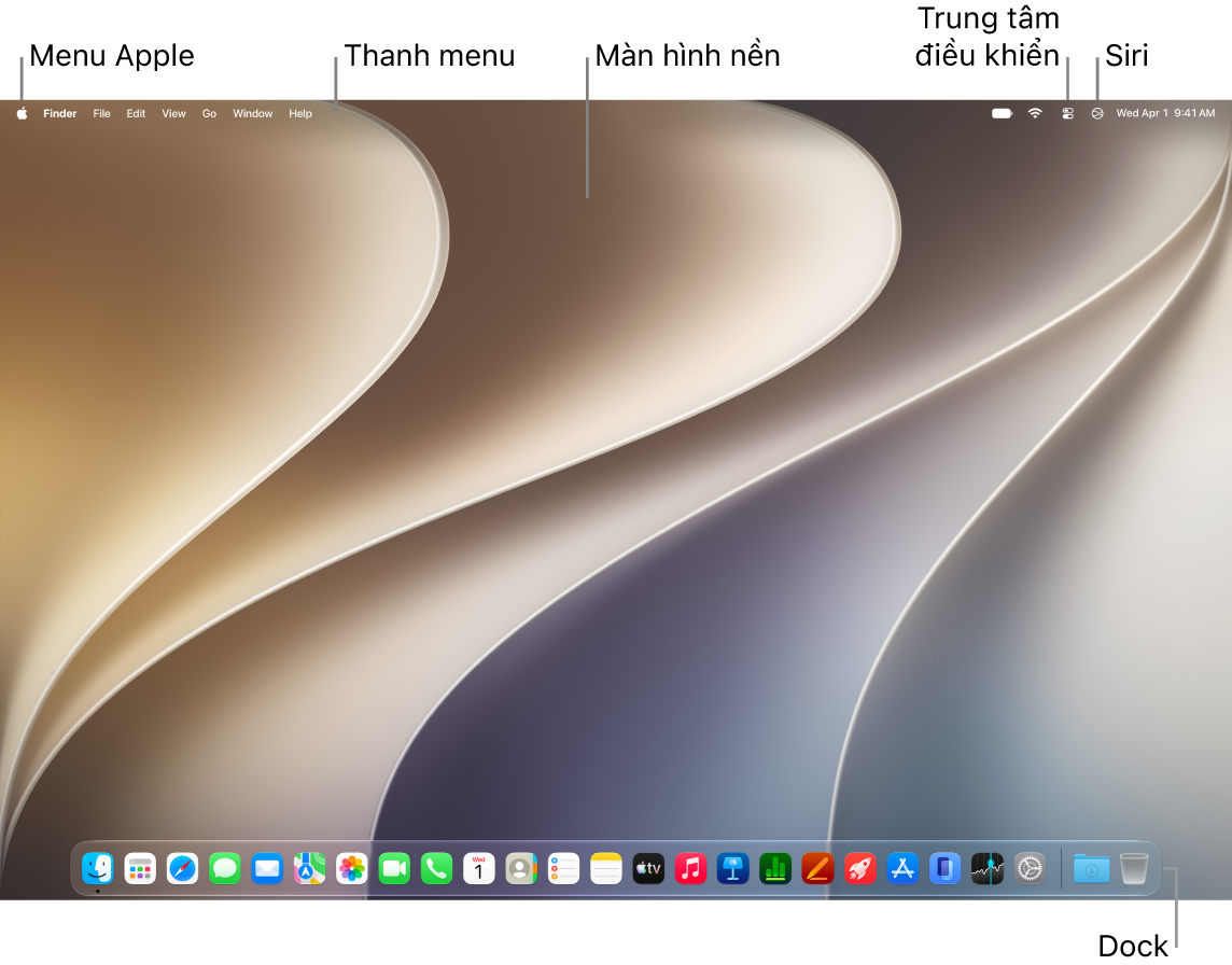 Màn hình nền máy Mac với thanh menu ở cạnh trên của màn hình và Dock ở cạnh dưới.