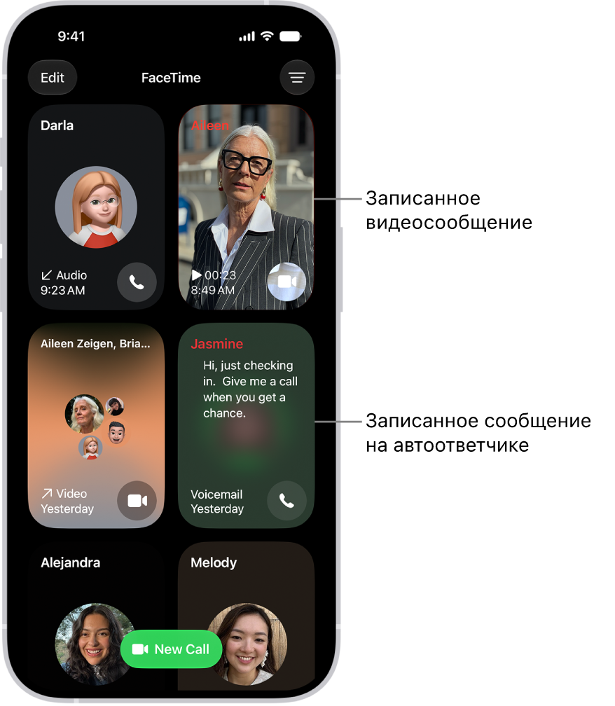 В&nbsp;истории вызовов FaceTime показан предложенный контакт, записанное видеосообщение, сообщение голосовой почты и&nbsp;групповой видеовызов FaceTime.