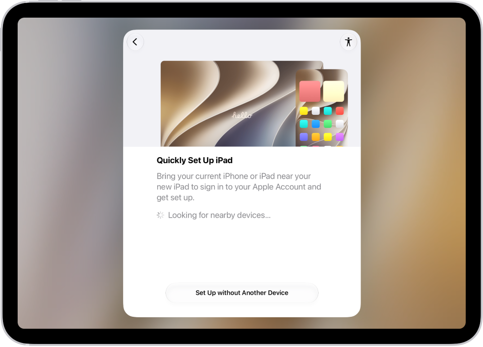La pantalla de configuración que se muestra después de encender el iPad por primera vez.
