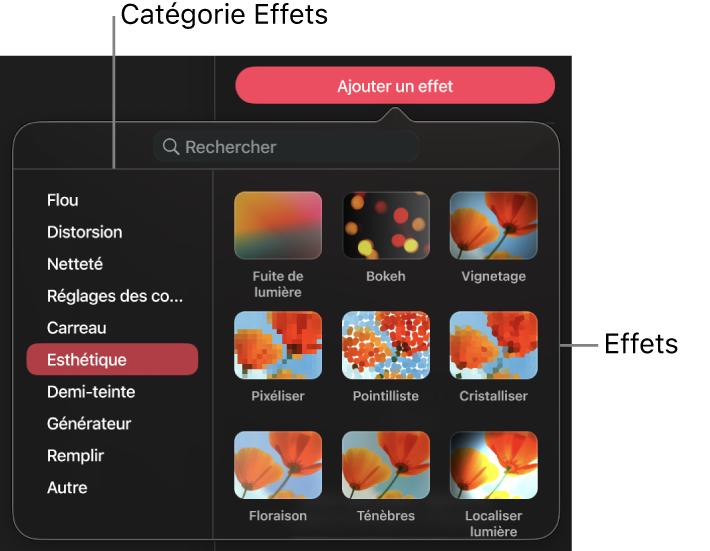 Le navigateur d’effets ouvert et affichant les vignettes de différentes catégories d’effets et de préréglages de la catégorie actuelle pouvant être appliqués au calque sélectionné.