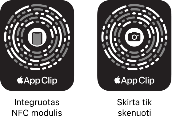 Kairėje – „Programos iškarpa“ kodas su integruota NFC, o per vidurį – „iPhone“ piktograma. Dešinėje – tik nuskaityti skirtas „Programos iškarpa“ kodas su „Kamera“ piktograma per vidurį.