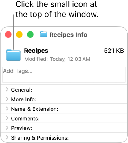 The Info window for a folder showing the generic icon for the folder selected.