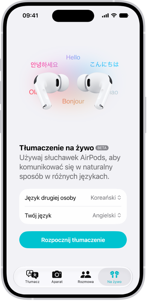 Aplikacja Tłumacz na iPhonie wyświetlająca ekran funkcji Tłumaczenie na żywo. Na ekranie wyświetlane są dwa menu podręczne do wyboru dwóch języków — rozmówcy i&nbsp;Twojego — oraz przycisk uruchamiający tłumaczenie na żywo.