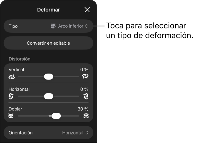 El panel Deformación con los tipos de deformación y los reguladores de control.