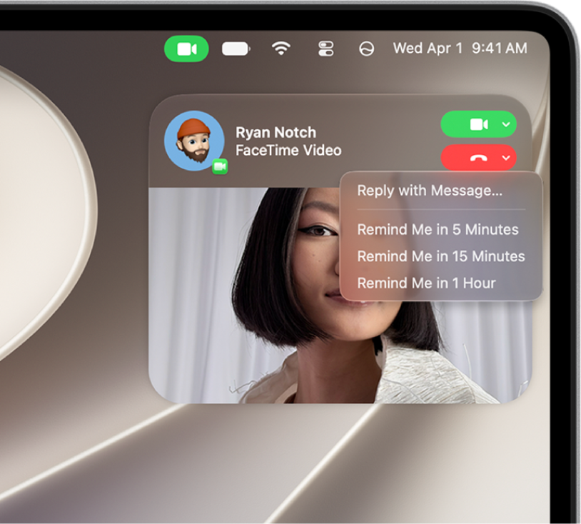 A FaceTime call notification for an incoming call, showing Answer and Decline buttons, and options for declining the call.