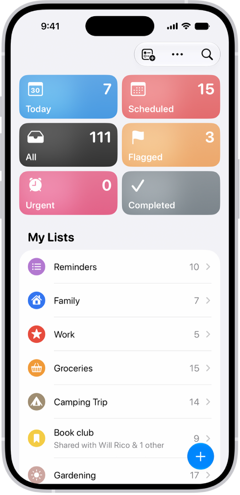 The Reminders app, showing multiple lists and the Tag Browser at the bottom.
