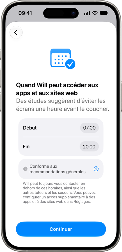 L’écran de configuration des réglages du contrôle parental indiquant les heures pendant lesquelles un enfant peut accéder à son appareil.