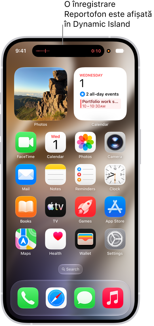 Ecranul principal al unui iPhone, afișând o înregistrare Reportofon în Dynamic Island.
