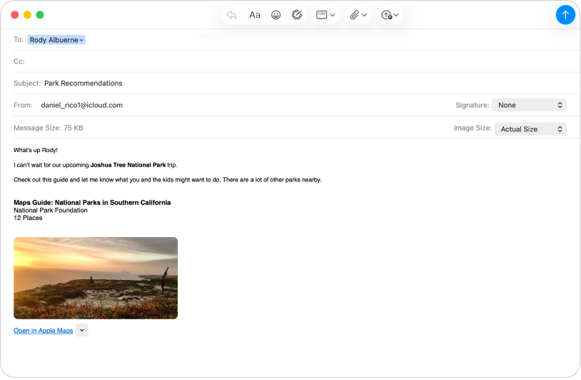 A new message window showing an email with a recipient, sender, subject and a message.