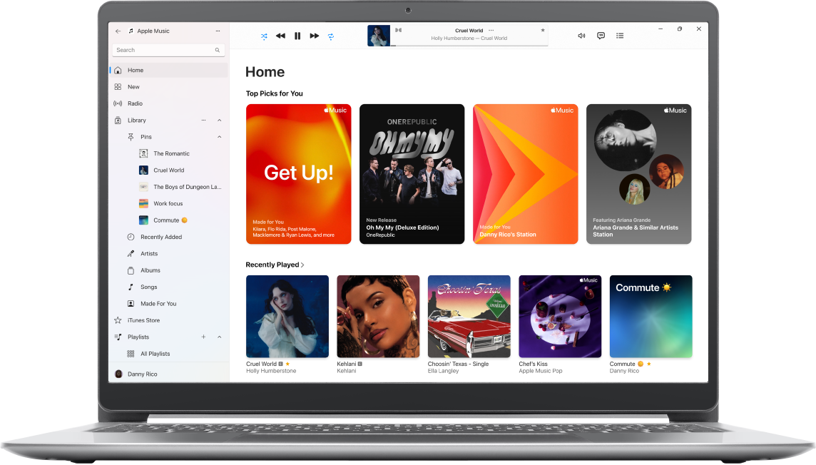 The Apple Music window showing Home.