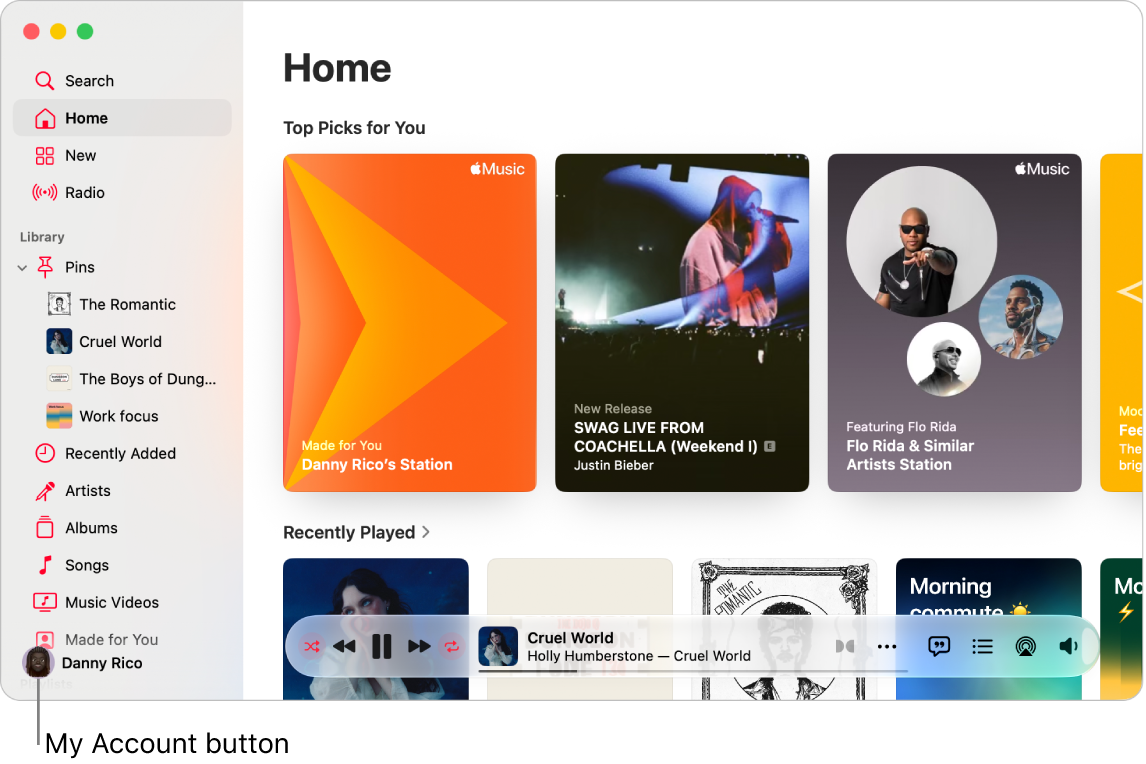 The Apple Music window showing the Home screen. The My Account button (which looks like a photo or monogram) is in the bottom-left corner of the window.