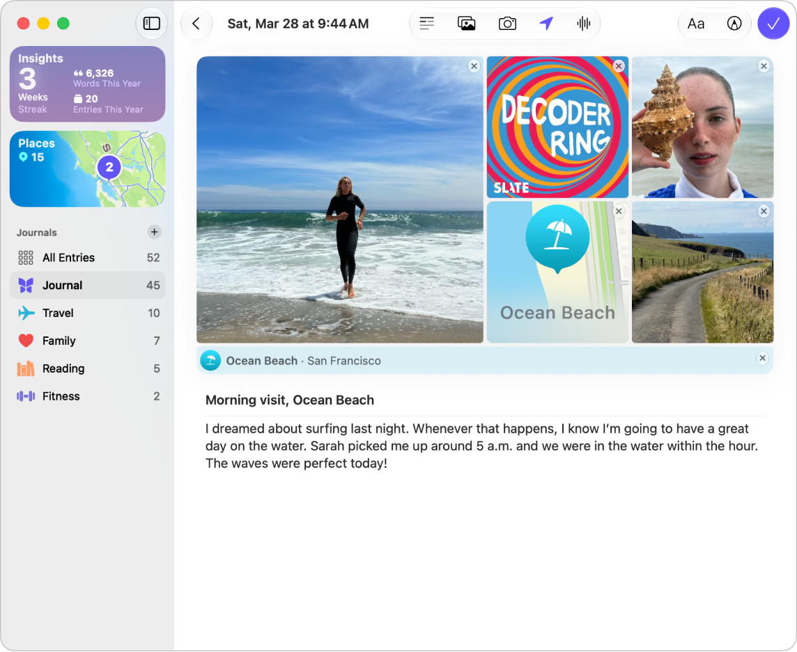 A screen in the Journal app showing photos and an entry in progress.