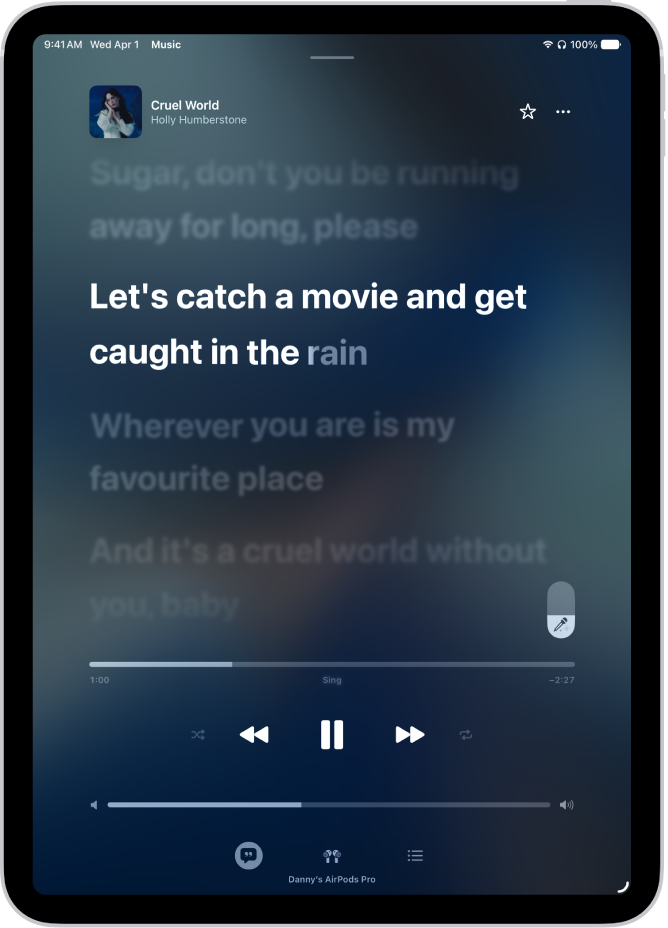 The Now Playing screen showing the Apple Music Sing slider to the right of the lyrics. The currently playing lyrics are highlighted.