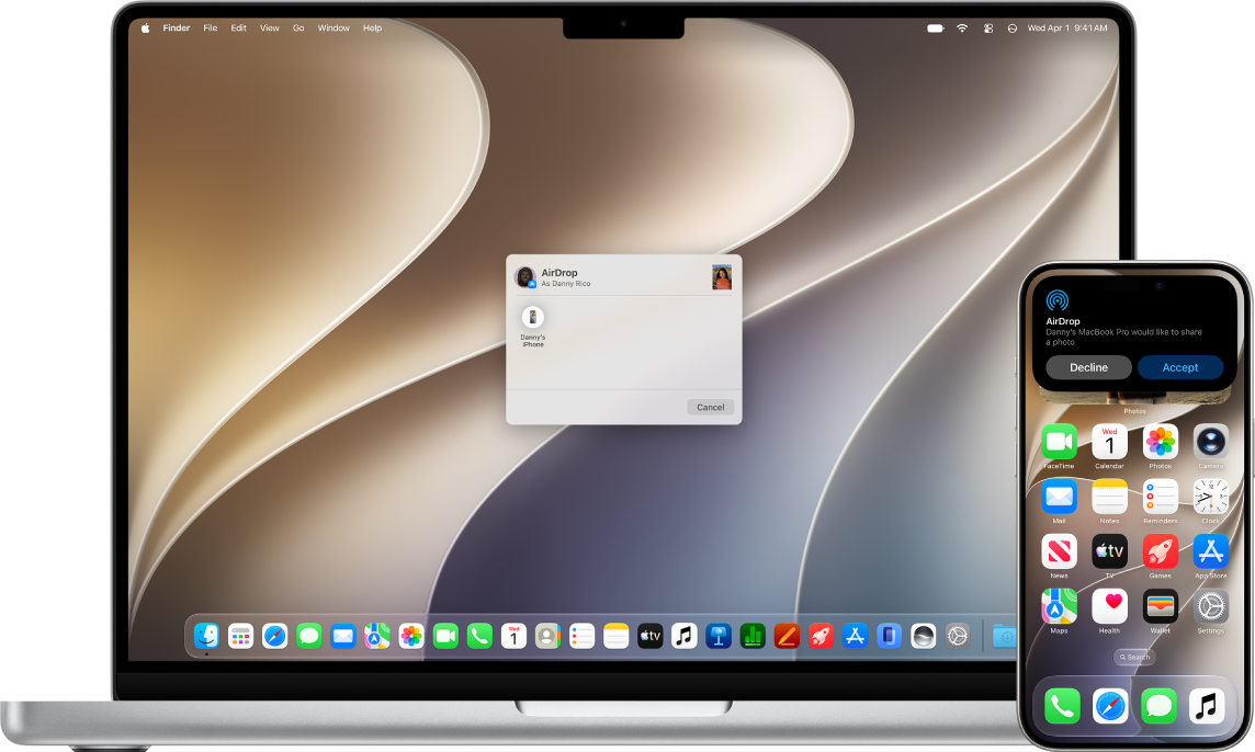 A Mac is next to an iPhone. The AirDrop dialog is open on the Mac desktop, ready to share a document with the iPhone. The iPhone screen has a notification about receiving the document.