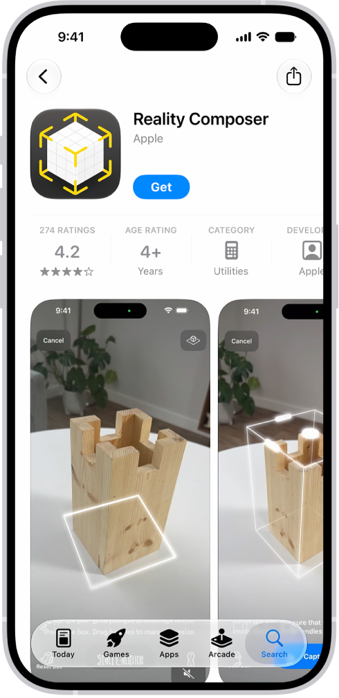 Page d’informations d’une app dans l’App&nbsp;Store. La page montre le bouton Obtenir, les avis, les classifications d’âge, le développeur, des captures d’écran et plus encore. En bas, de gauche à droite, se trouvent les boutons suivants&nbsp;: Aujourd’hui, Jeux, Apps, Arcade et Recherche.