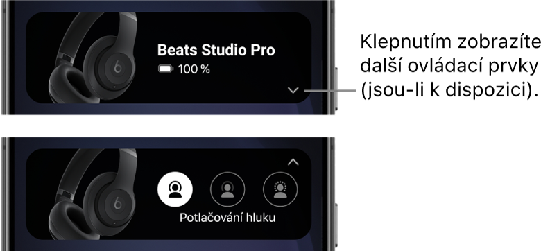 Na prvním obrázku je vidět widget aplikace Beats s&nbsp;připojenými sluchátky Beats Studio&nbsp;Pro a&nbsp;tlačítkem pro zobrazení dalších ovládacích prvků; na druhém obrázku se ve widgetu zobrazují ovládací prvky režimu potlačování hluku