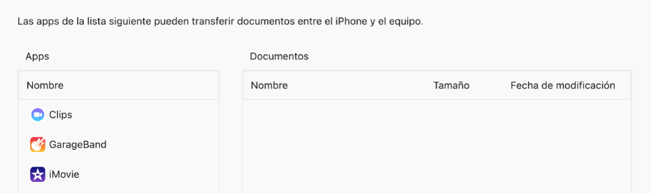 La ventana Archivo muestra las apps que puedes sincronizar en un dispositivo.