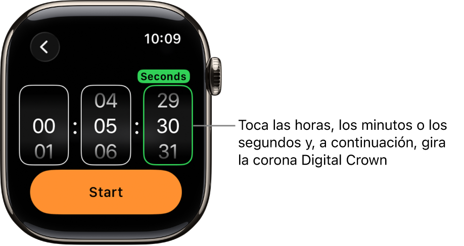 Ajustes para crear un temporizador personalizado, con la hora a la izquierda, los minutos en el medio y los segundos a la derecha. Debajo está el botón Iniciar.