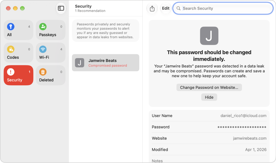 The main screen for the Passwords app, showing the types of passwords in the sidebar on the left (with Security selected), a list of password accounts with potential security concerns in the middle (with Bazare selected), and the details of the Bazare account security concern on the right.