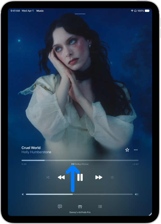 The Now Playing screen showing the Dolby Atmos icon for the track that’s playing.