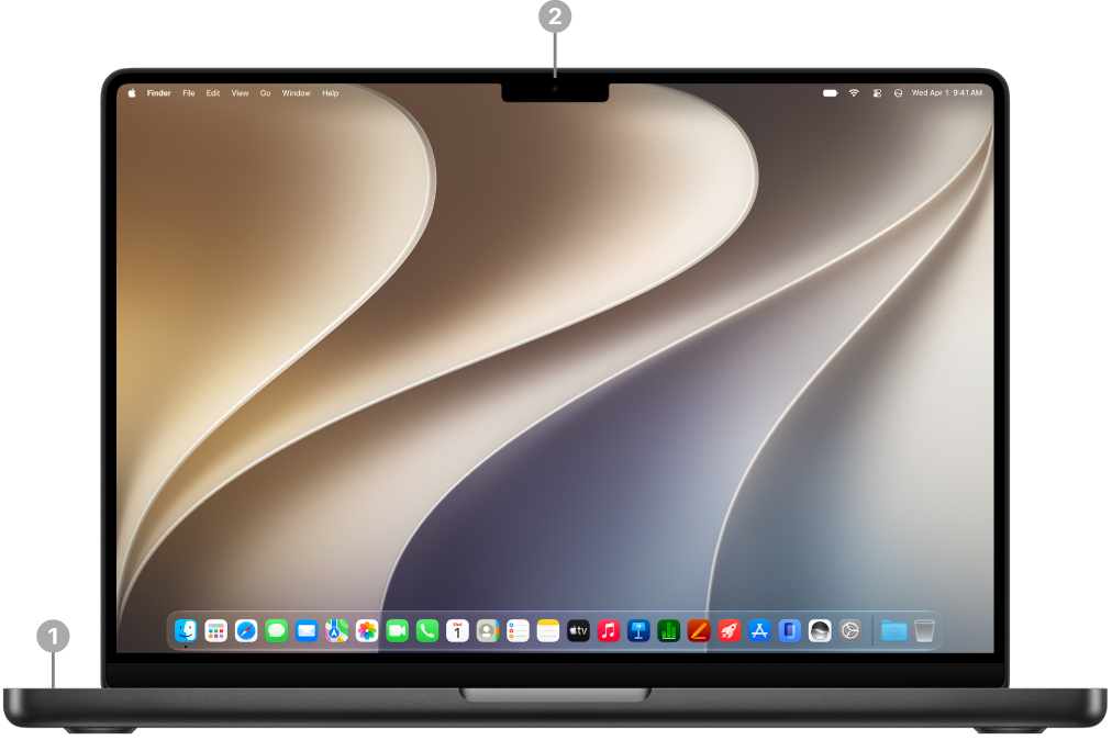 The front of a MacBook Pro with the lid open showing the microphones and 12MP Center Stage camera.